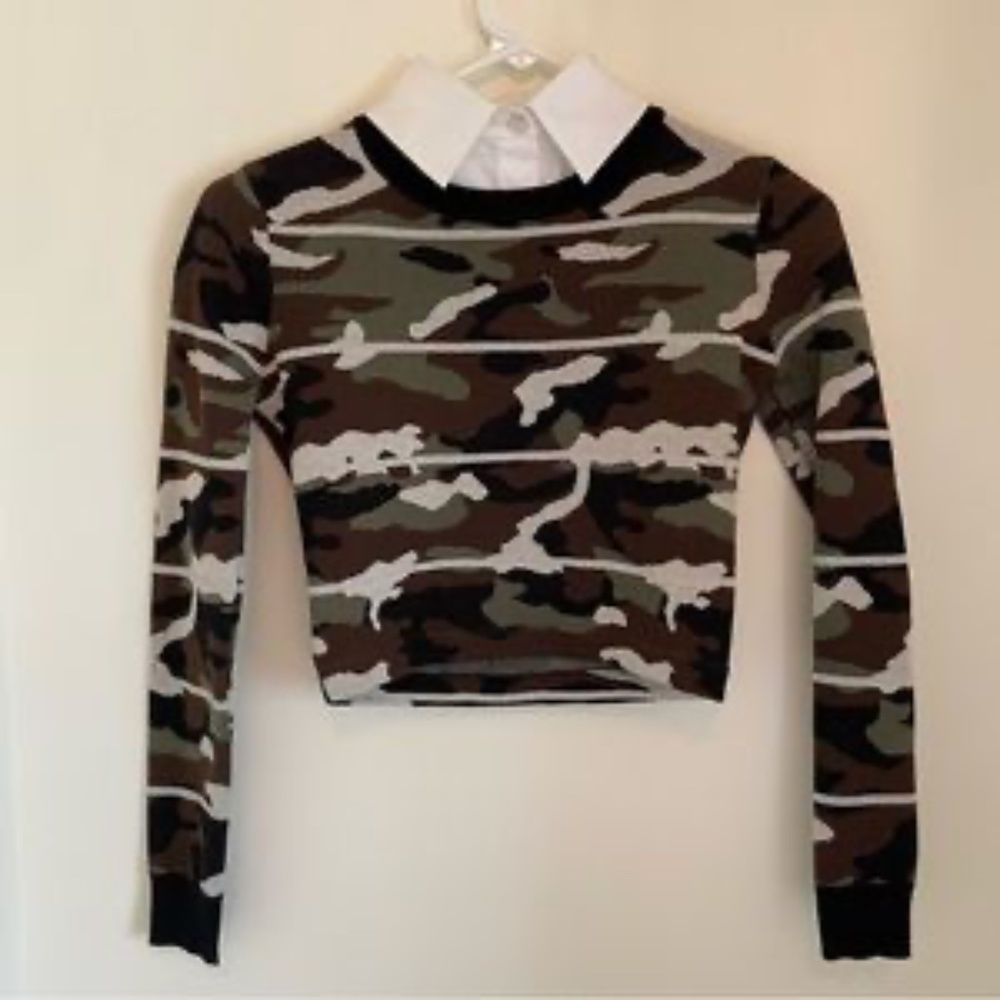 NWOT VERONICA BEARD Alpha Striped Metallic Camo Jacquard Cropped Sweater, Green